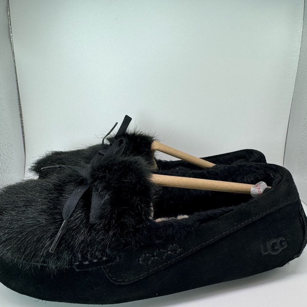UGG Black Moccasin Slippers with Fur Trim